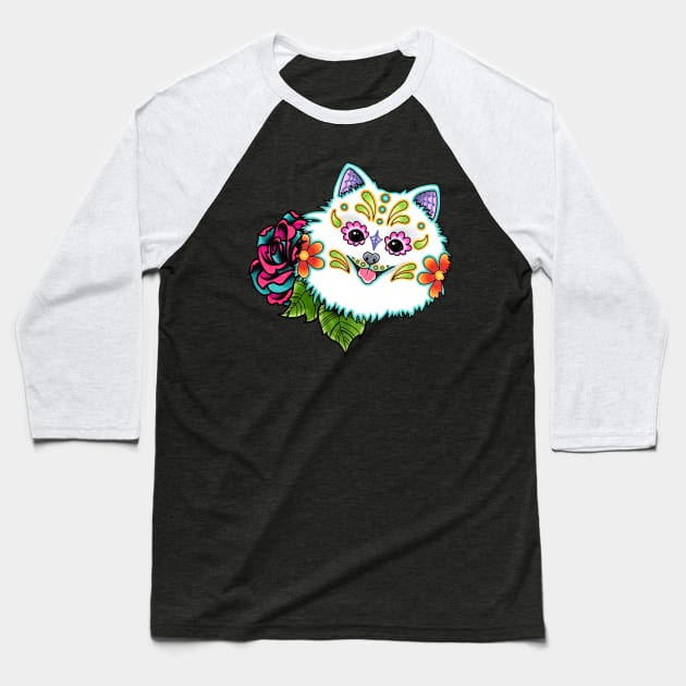Pomeranian in White - Day of the Dead Sugar Skull Dog Baseball T-Shirt by prettyinink